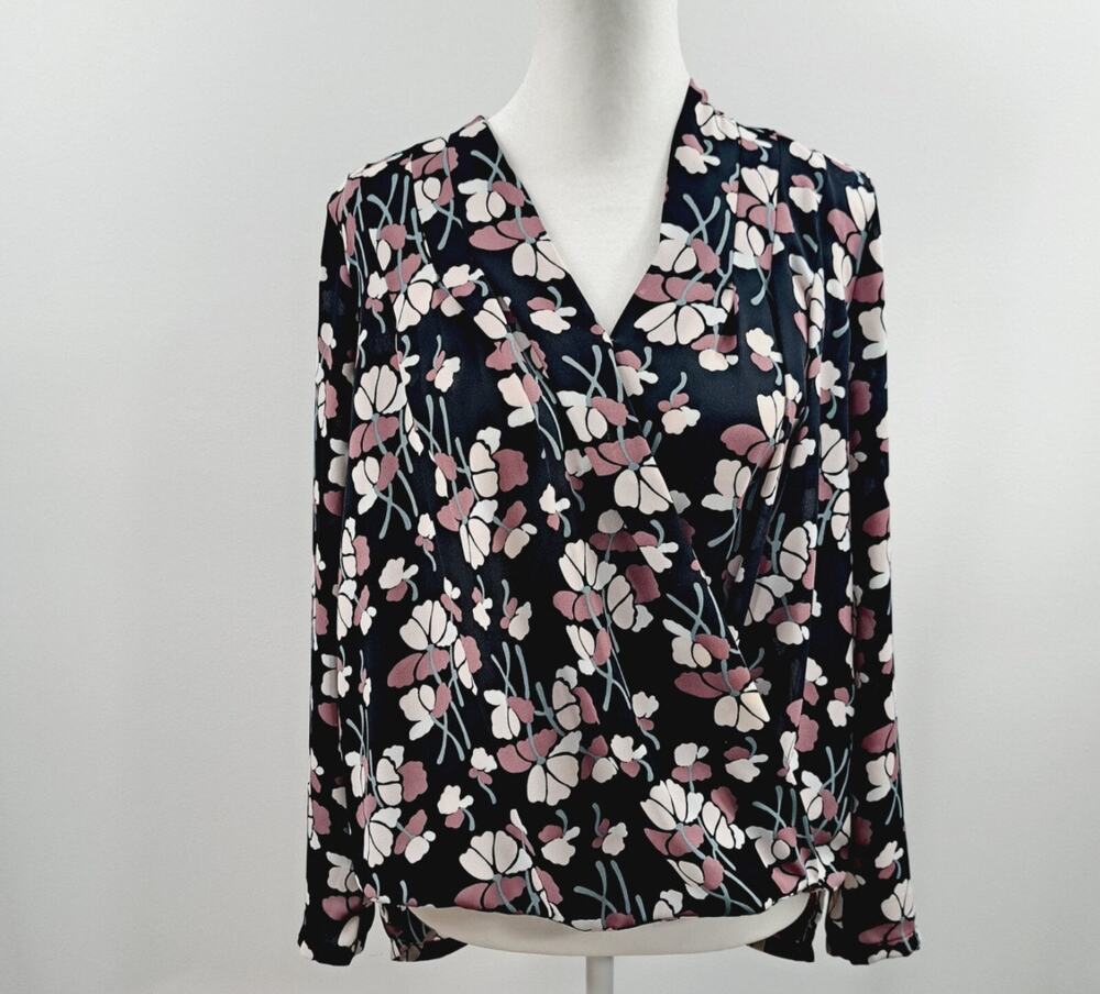 Ann Taylor Floral Faux Wrapped Long Sleeve Blouse SZ M Botanical Garden Office